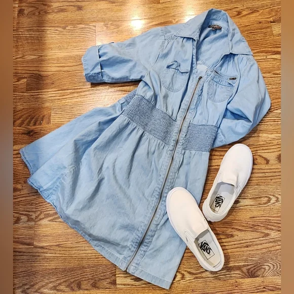 J Gee | Dresses | J Gee Denim Full Zip Collared Shirt Dress Womens Size Pxl  Ruched Smocked Waist | Poshmark